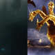 The shadow of Ghidorah looms large in King of the Monsters, next to its gleaming appearance in Ghidorah, the Three-Headed Monster.